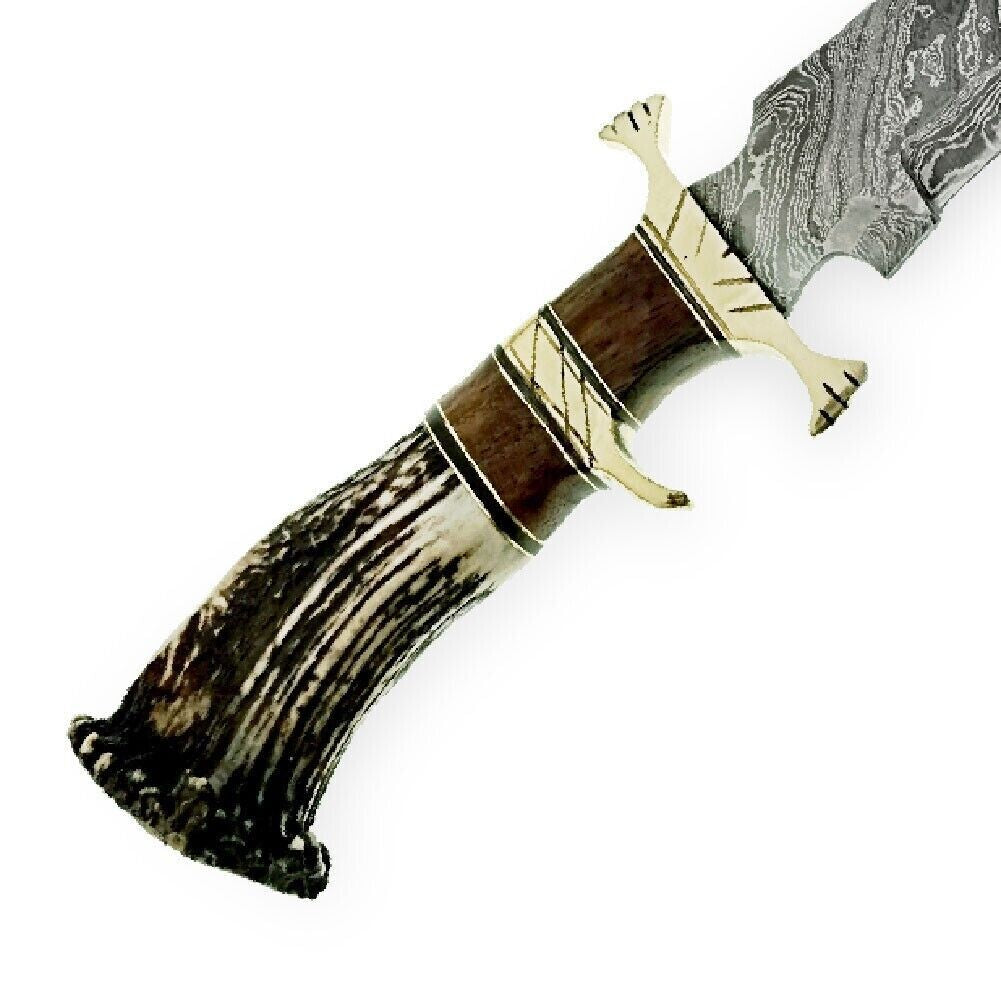 Damascus Bowie Knife with Stag Antler Handle