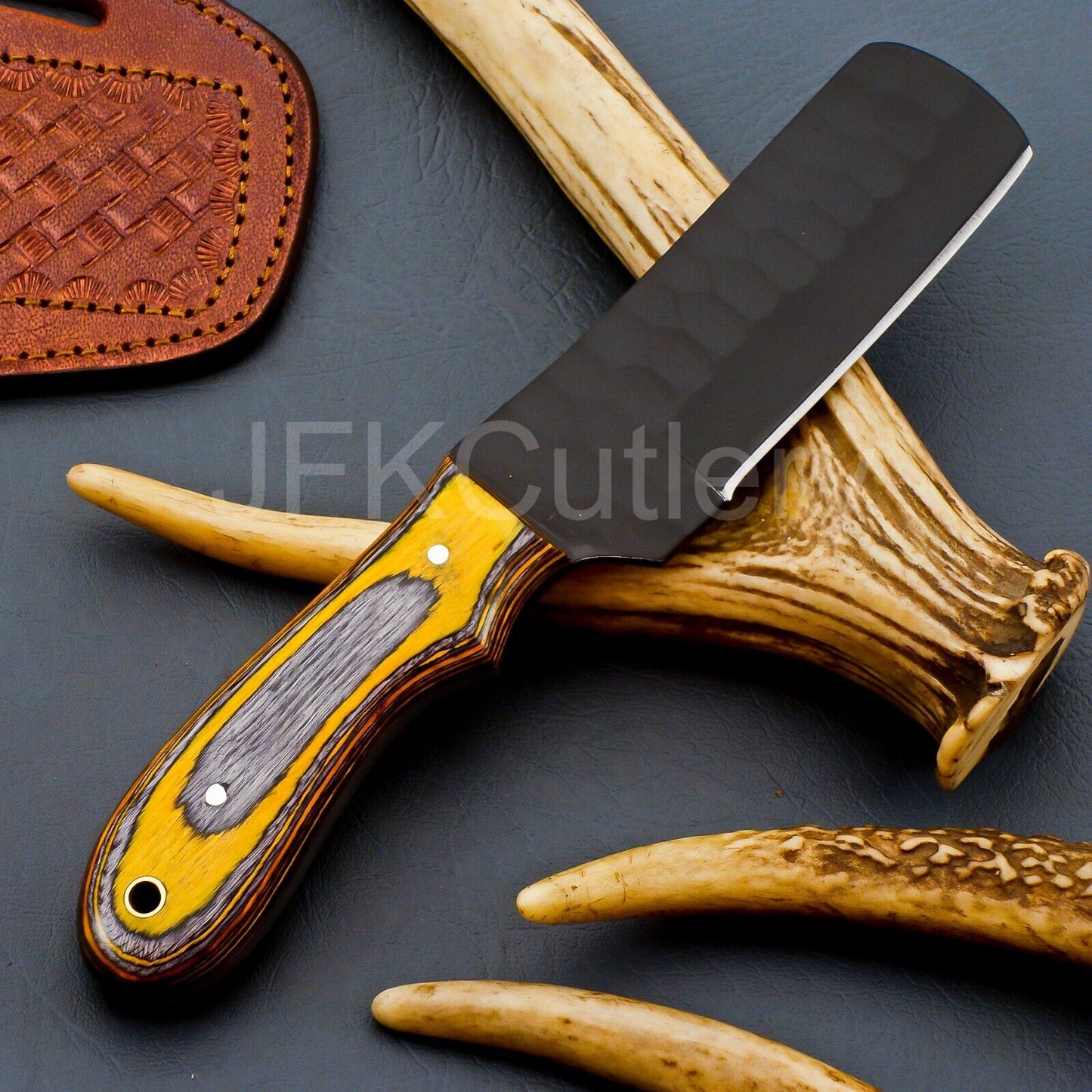 Carbon Steel Bull Cutter Knife - Hand-Forged Railroad Cowboy Knife with Wood Handle