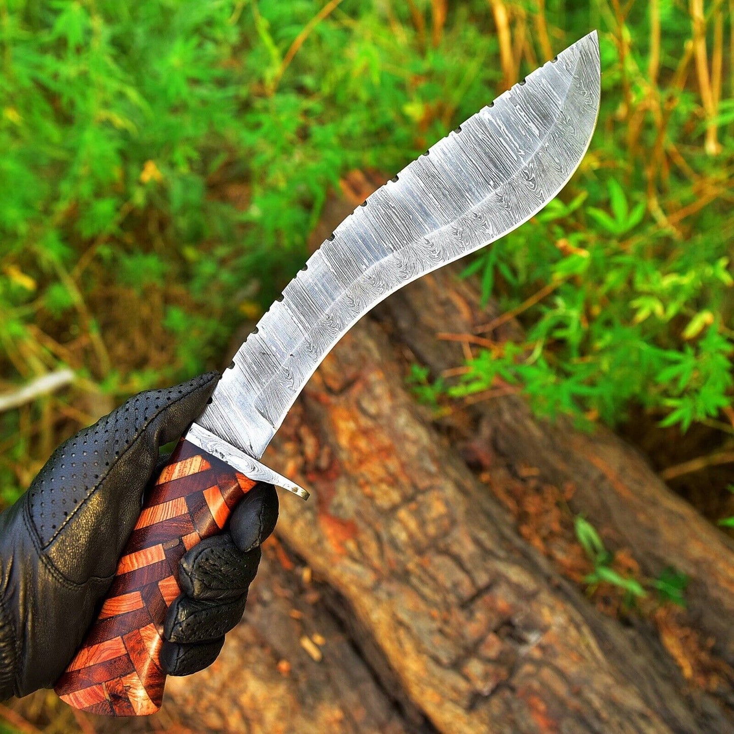 Custom Handmade Twist Damascus Steel Kukri Knife with Wood Handle