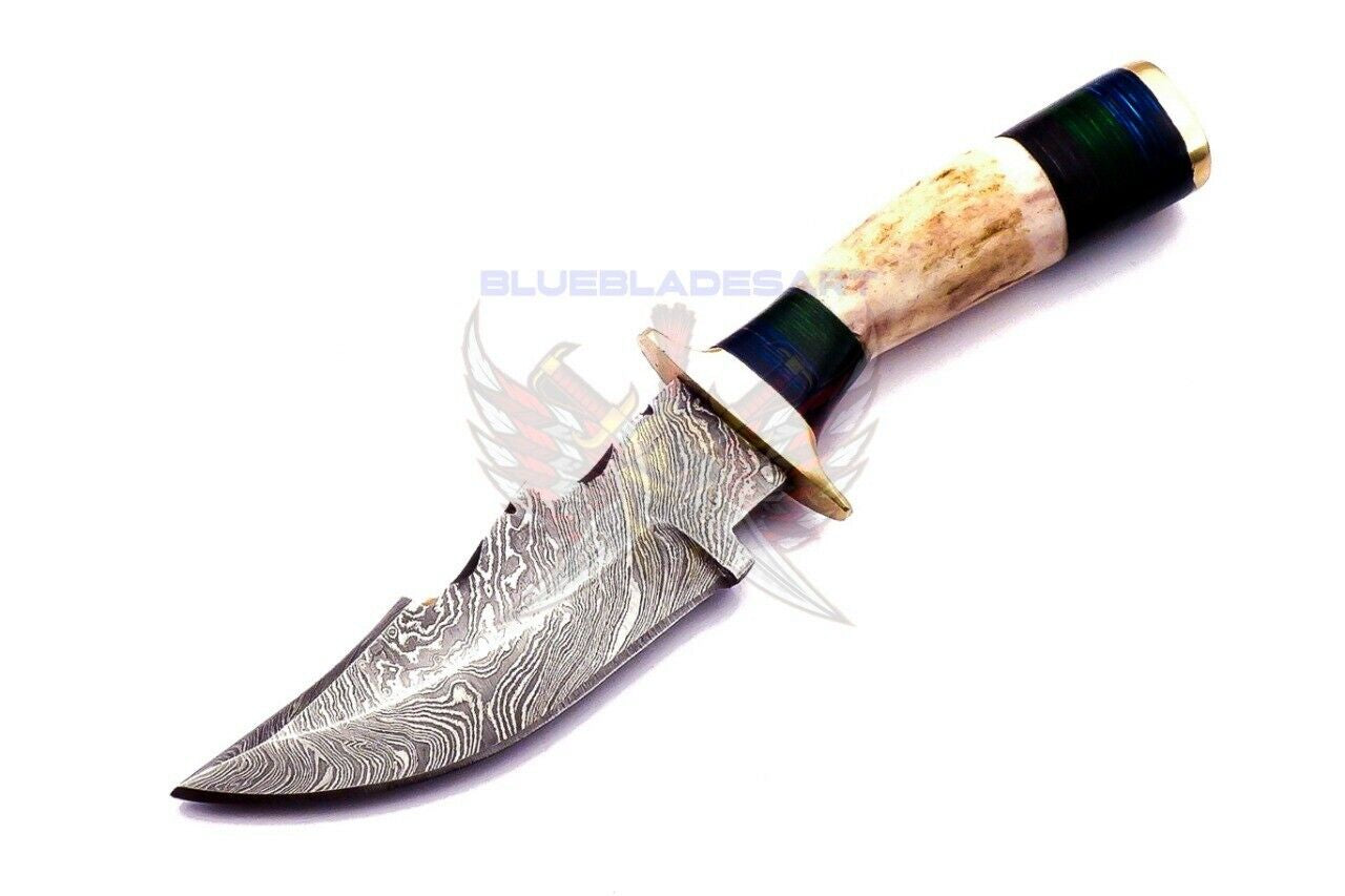 Custom Hand Forged Damascus Steel Bowie Knife with Deer Antler Handle