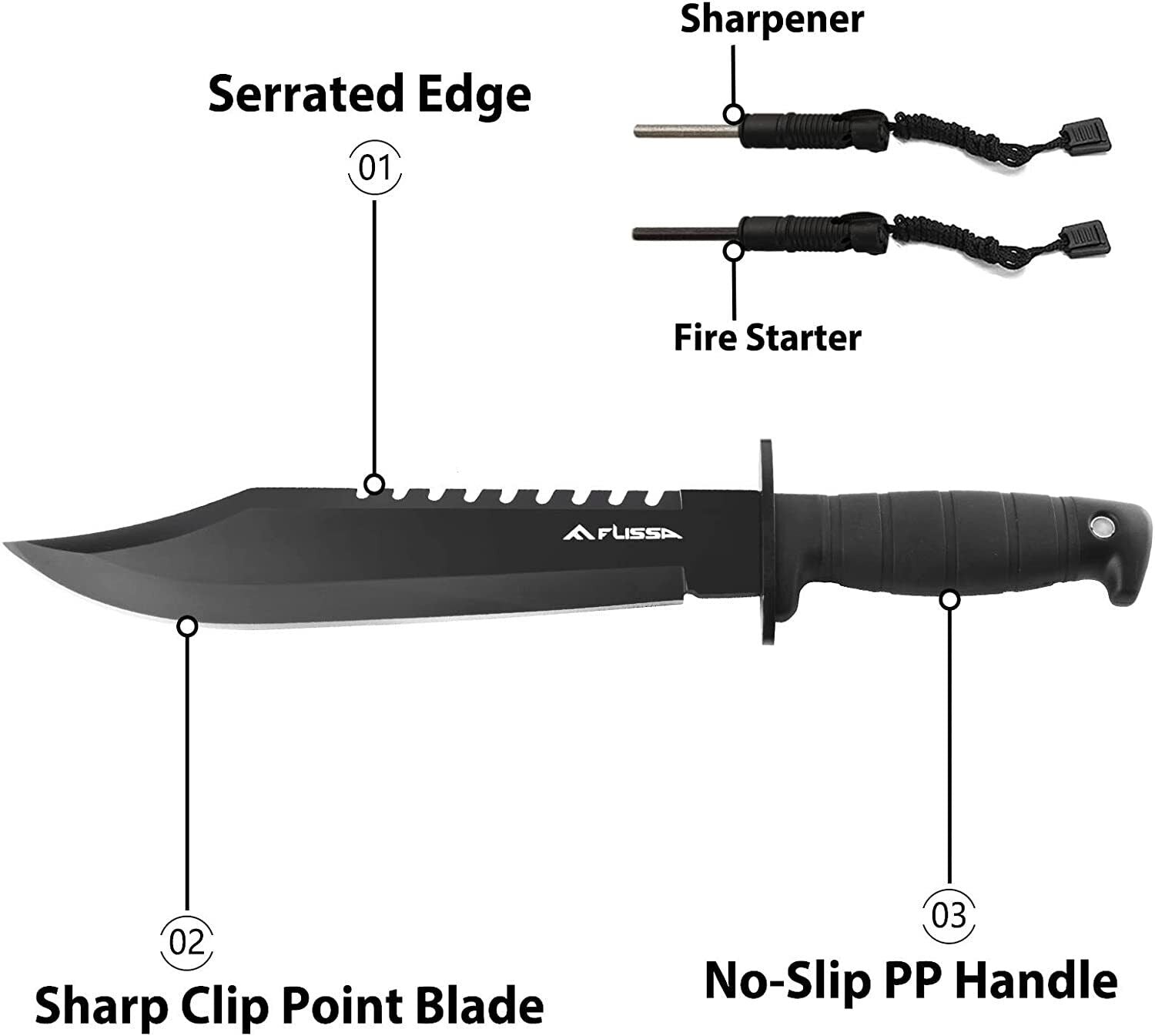 Flissa Tactical Bowie Knife with Fixed Blade and Fire Starter