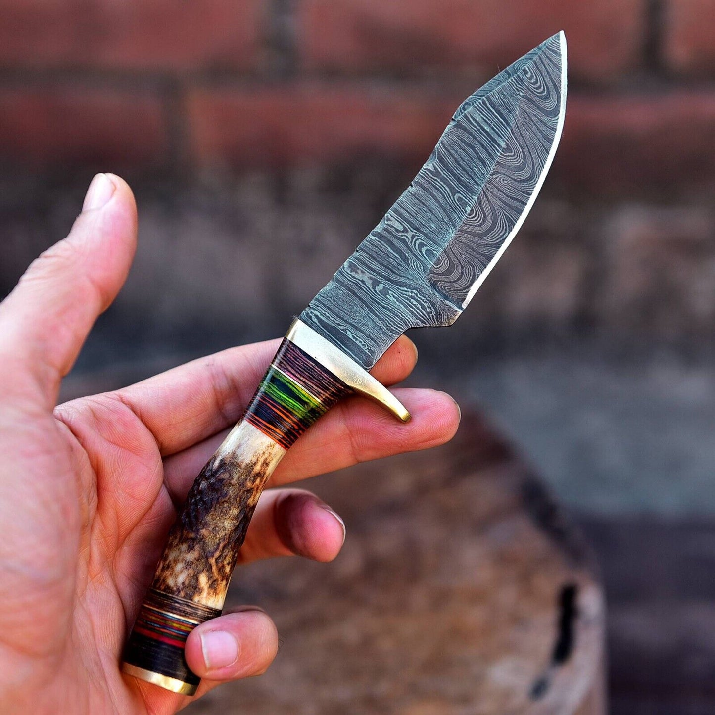 Custom Handmade Damascus Steel Skinning Knife with Deer Antler Handle