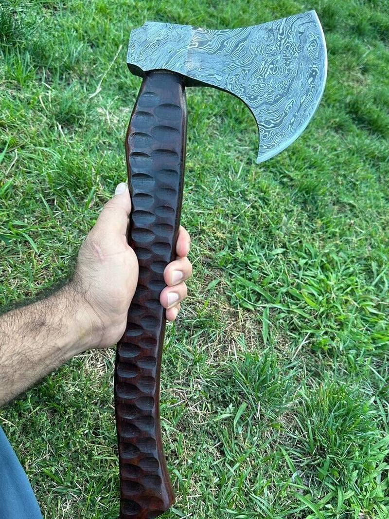 Engraved Damascus Steel Axe with Wood Handle for Camping