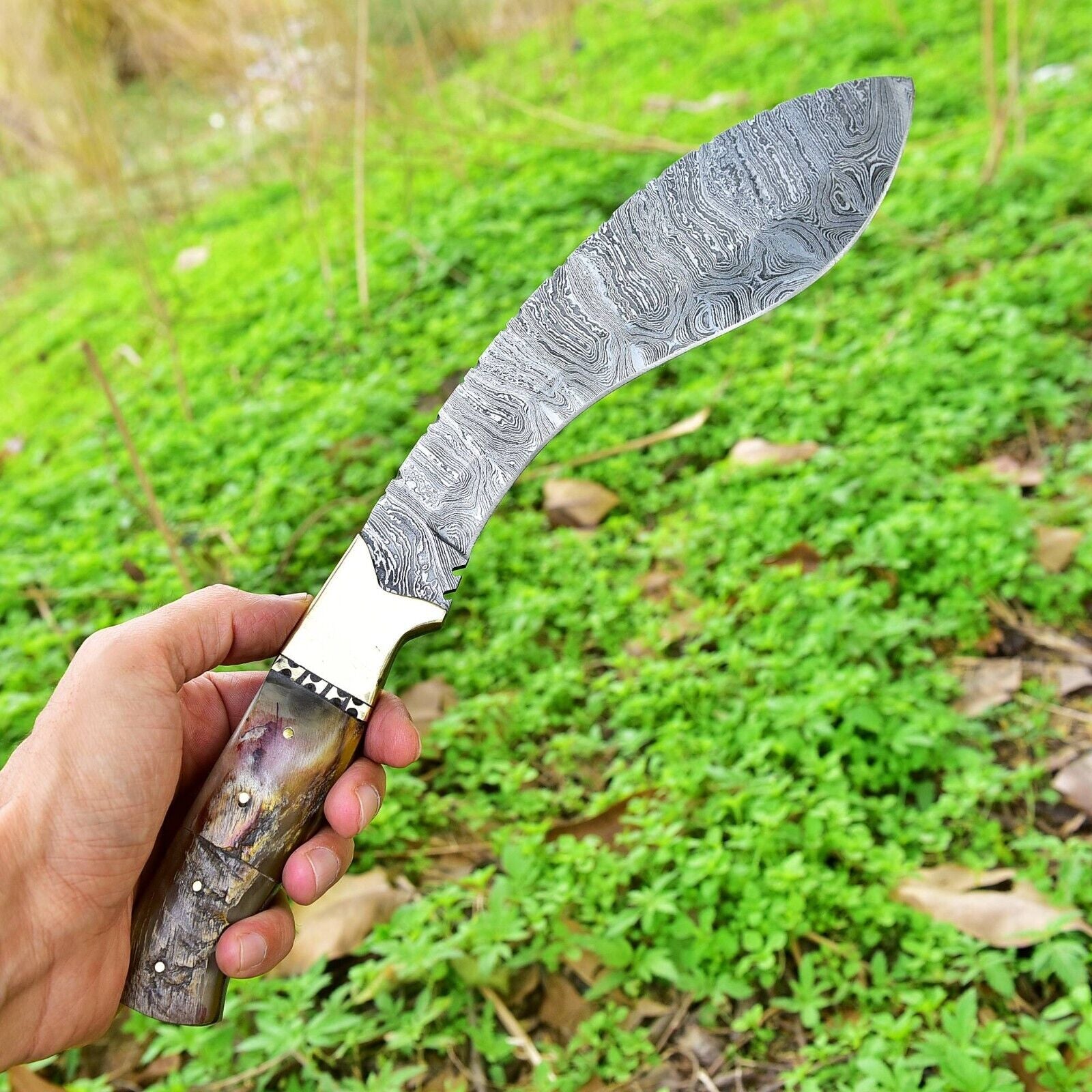 Handmade Damascus Steel Kukri Knife with Ram Horn Handle