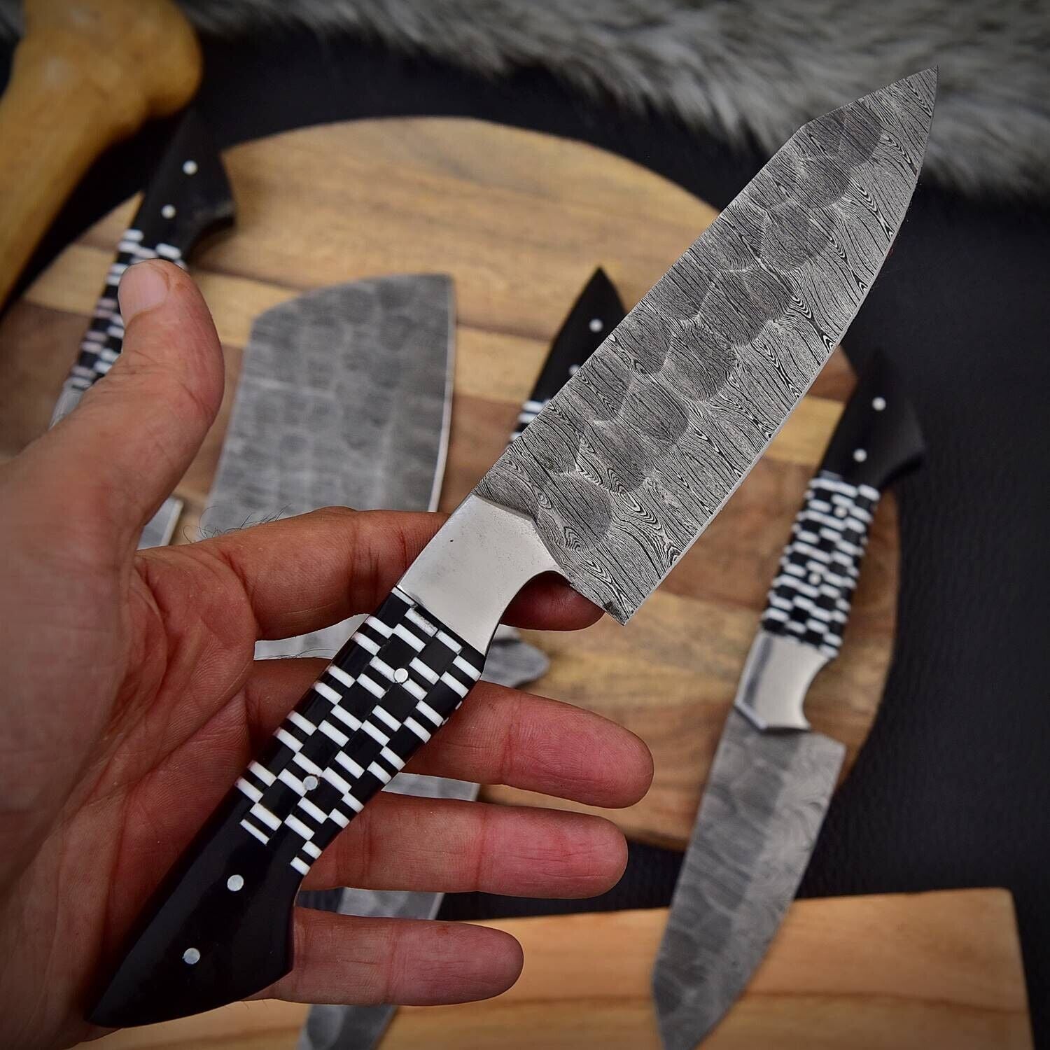 Custom Forged Damascus Steel Chef Knife Set