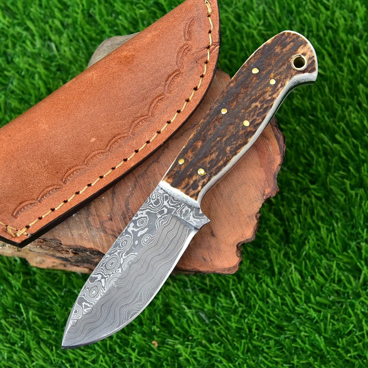 Damascus Hunting Knife with Deer Stag Handle