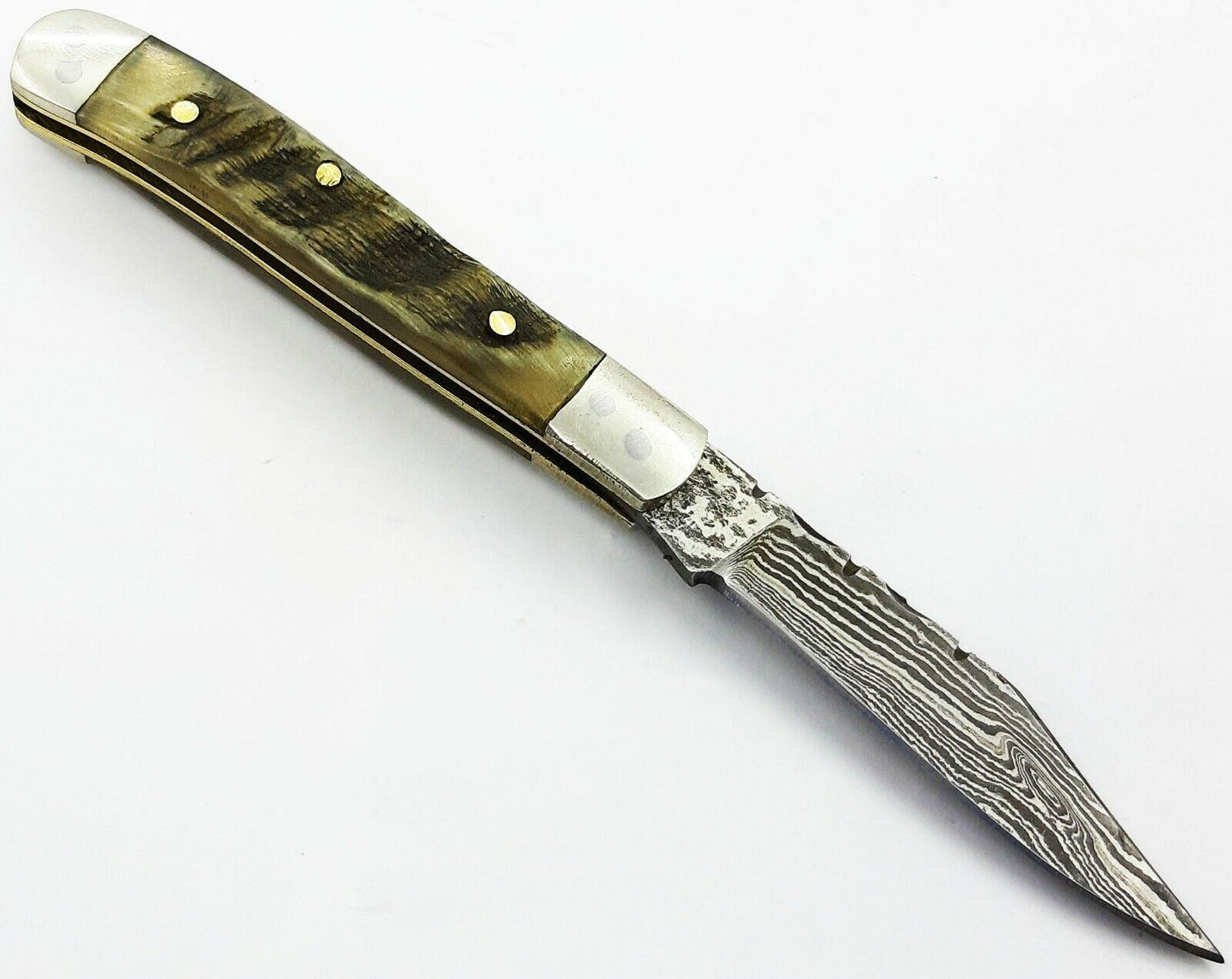 Damascus Folding Mini Pocket Knife with Ram Horn