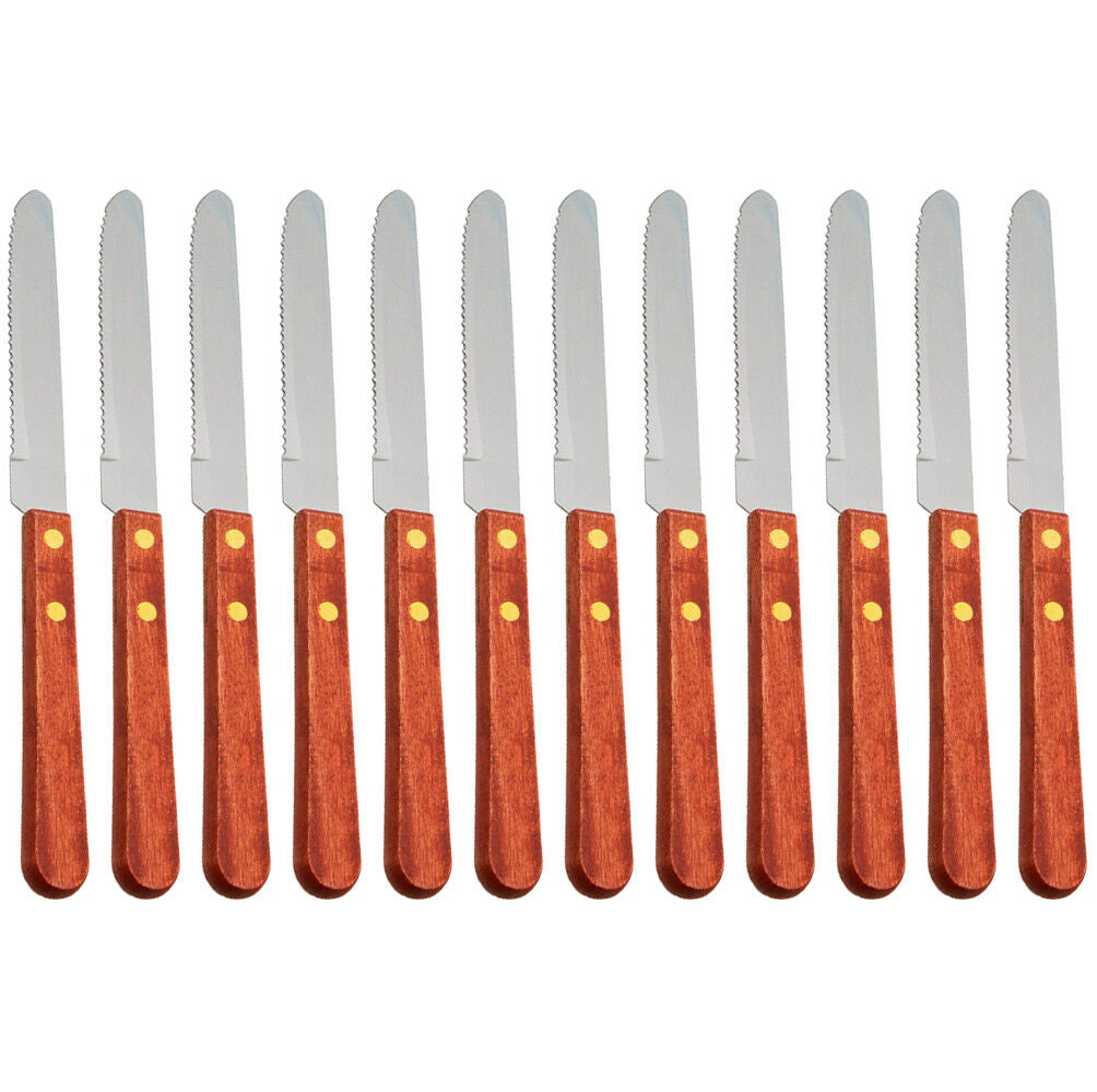 (Set of 12) 4-Inch Rounded Serrated Stainless Steel Blade Steak Knives W Wooden