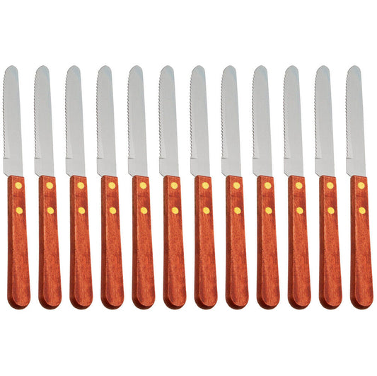 (Set of 12) 4-Inch Rounded Serrated Stainless Steel Blade Steak Knives W Wooden