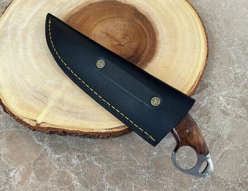 Engraved Damascus Fixed Blade Knife with Wood Handle