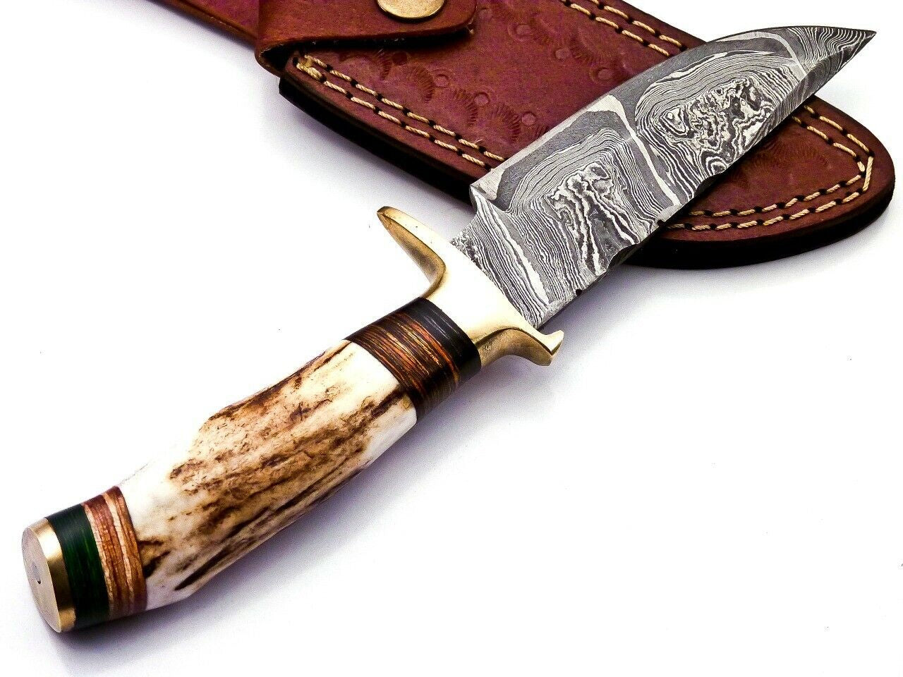 Damascus Steel Hunting Bowie Knife with Stag Handle and Brass Guard