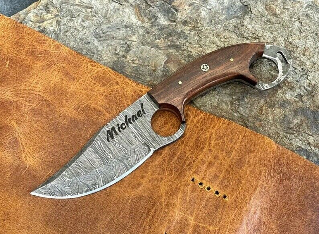 Engraved Damascus Fixed Blade Knife with Wood Handle