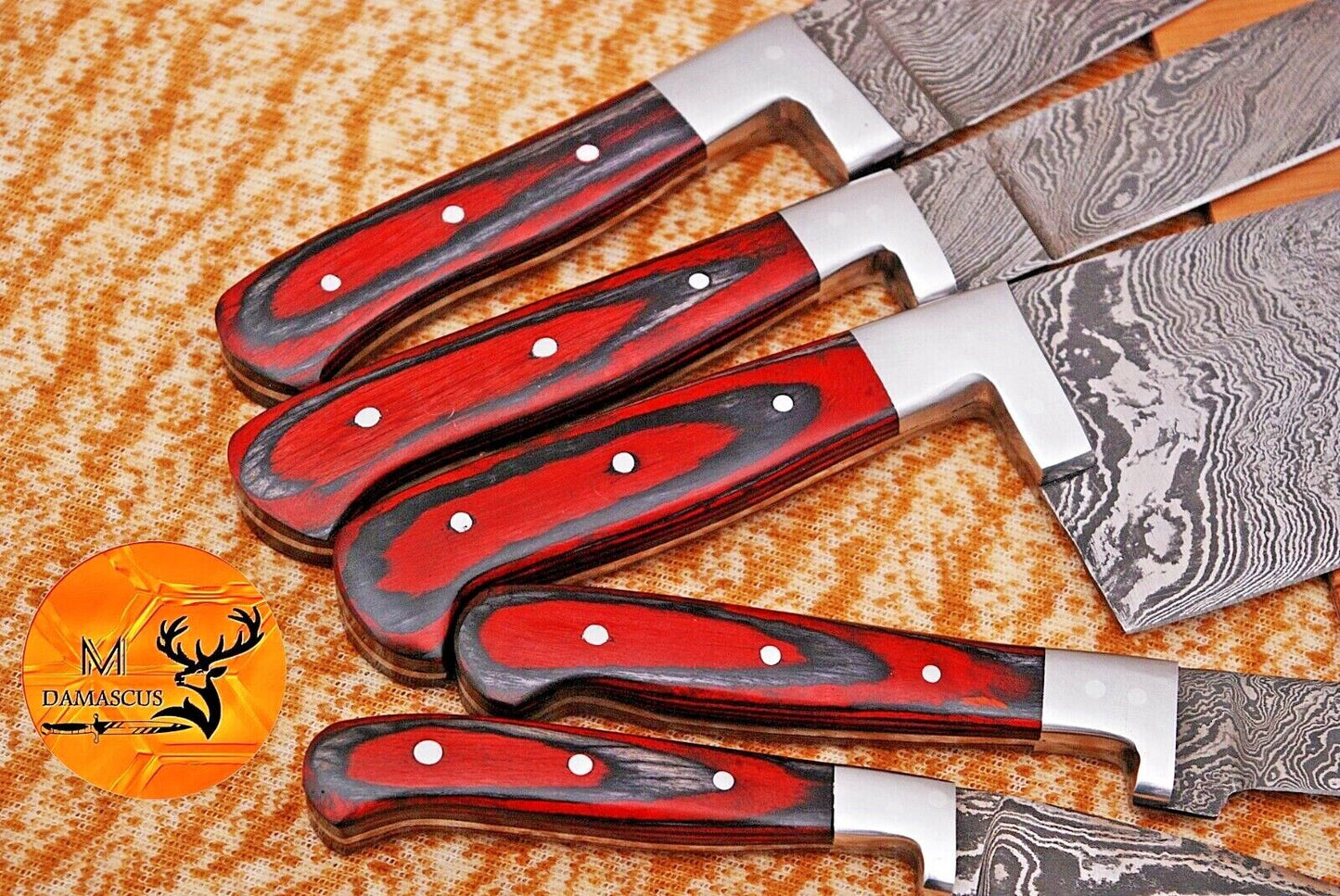 Custom Damascus Steel Chef Knife Set - Wood Handle Kitchen Knife Set