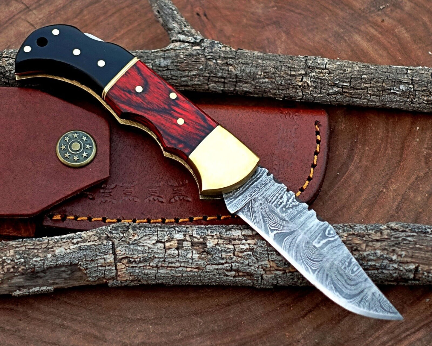 Damascus Folding Pocket Knife with Back Lock