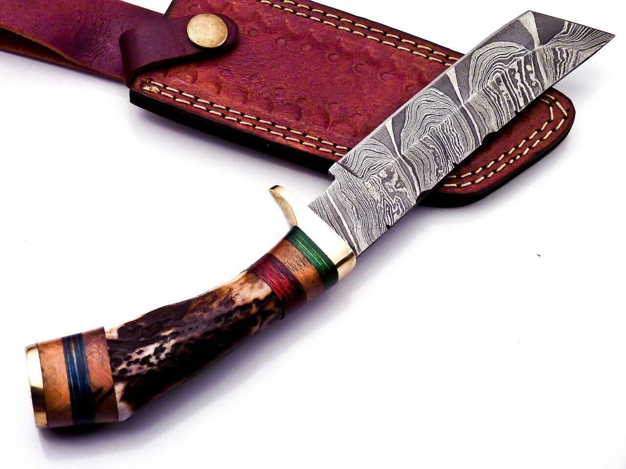 Custom Forged Damascus Steel Antler Handle Knife with Deer Antler Knife Design