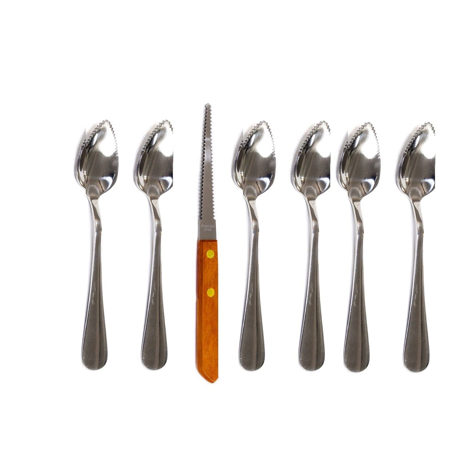 Set Of 6 Grapefruit Spoons 1 Knife Stainless Steel Serrated