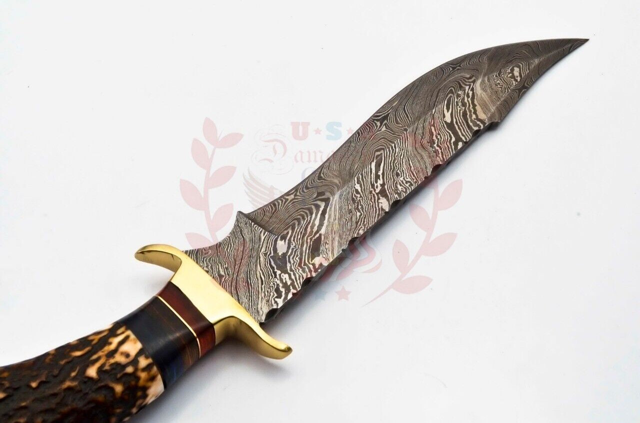 Handmade Damascus Steel Bowie Knife with Deer Antler Handle