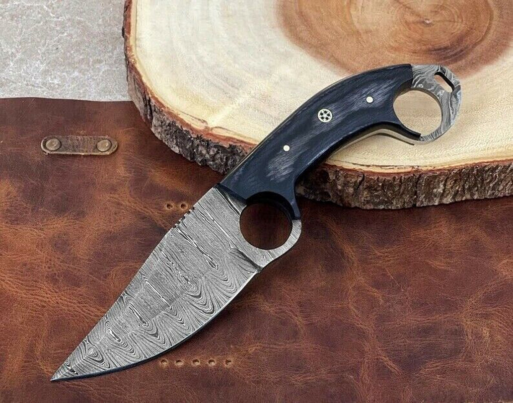 Engraved Damascus Fixed Blade Knife with Wood Handle