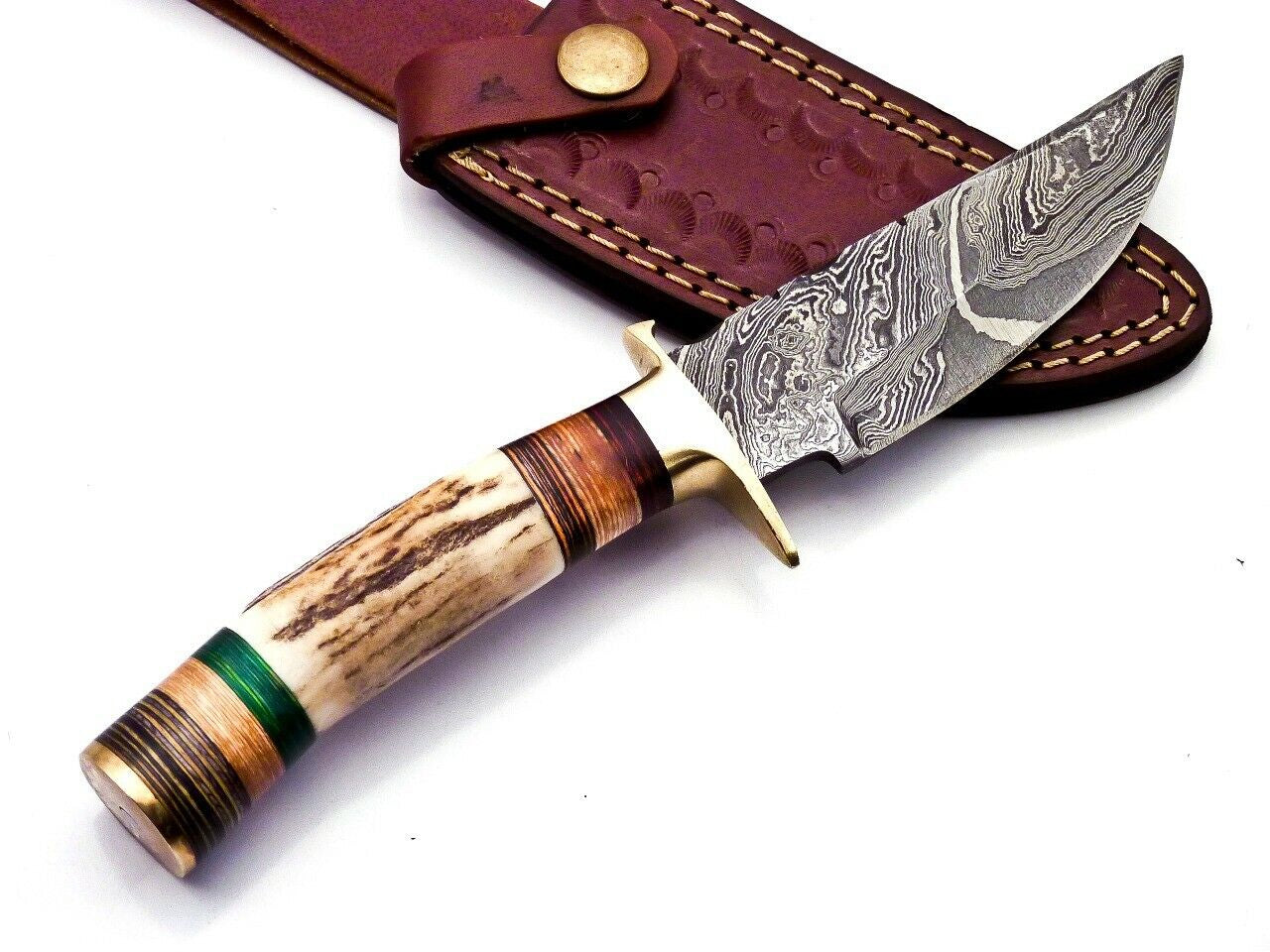 Damascus Steel Hunting Knife with Stag Handle and Brass Guard