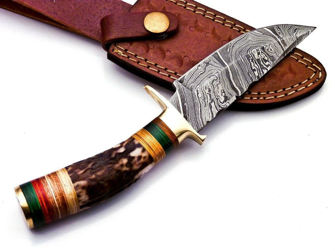 Damascus Hunting Knife with Stag Handle Brass Guard