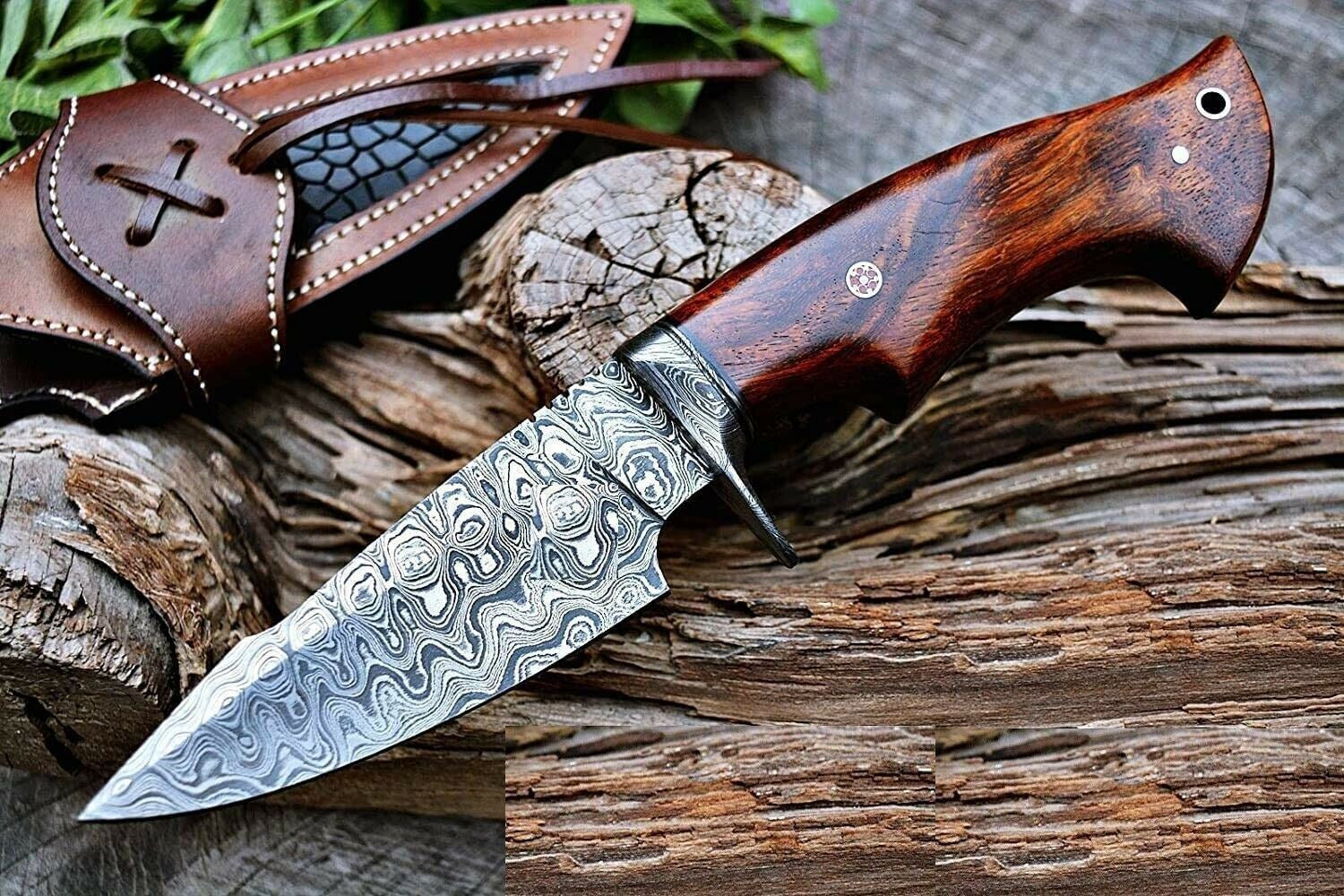 Custom Damascus Steel Bowie Knife with Rosewood Handle and Sheath