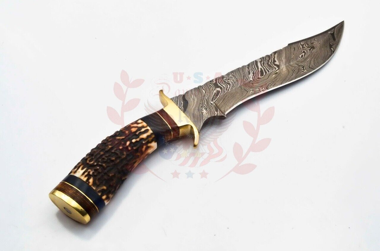 Handmade Damascus Steel Bowie Knife with Deer Antler Handle