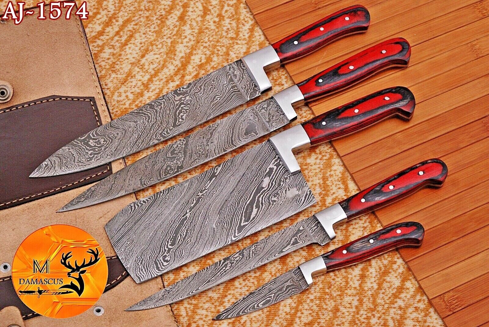 Custom Damascus Steel Chef Knife Set - Wood Handle Kitchen Knife Set