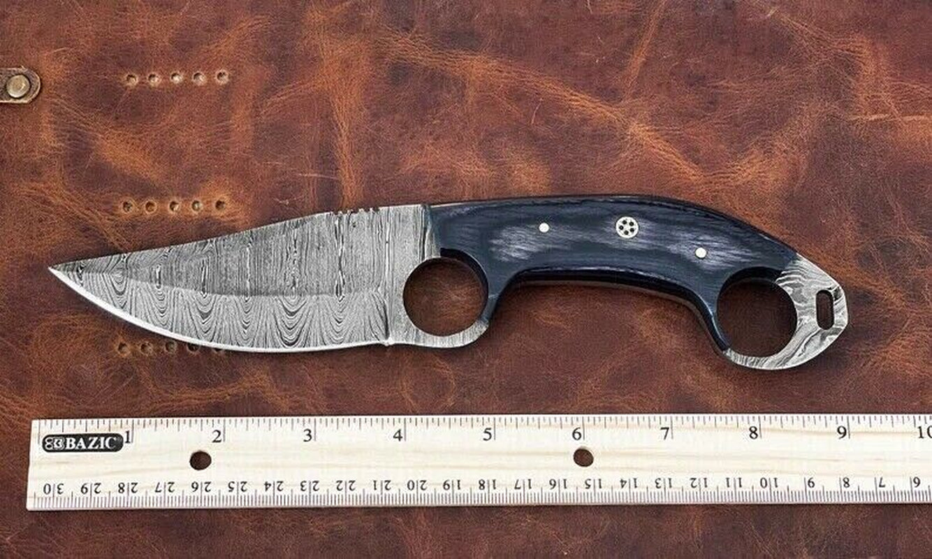 Engraved Damascus Fixed Blade Knife with Wood Handle