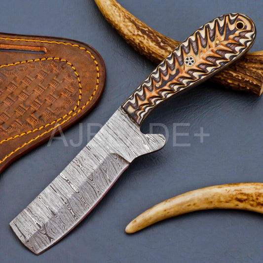 Damascus Cutter Knife with Bone Handle and Sheath