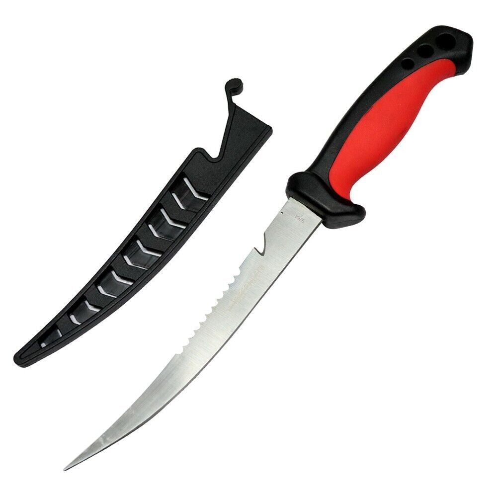 Fishing Fillet Knife with Serrated Edge and Red Grip Handle