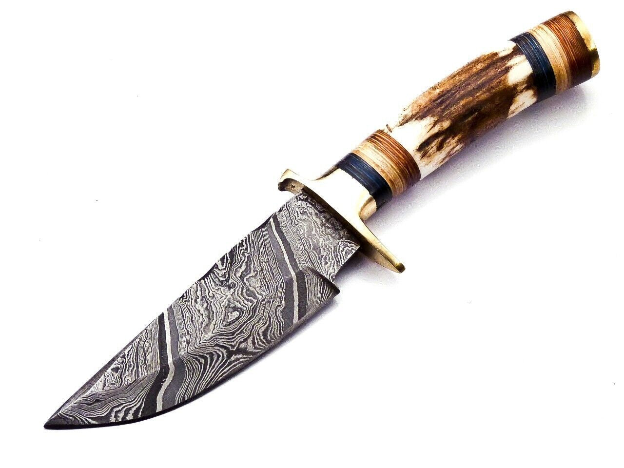 Damascus Steel Hunting Knife with Stag Handle and Brass Guard