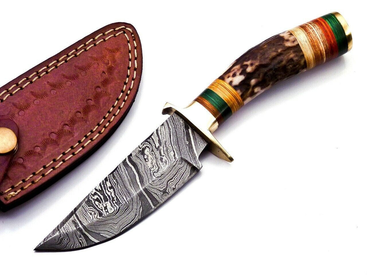 Damascus Hunting Knife with Stag Handle Brass Guard