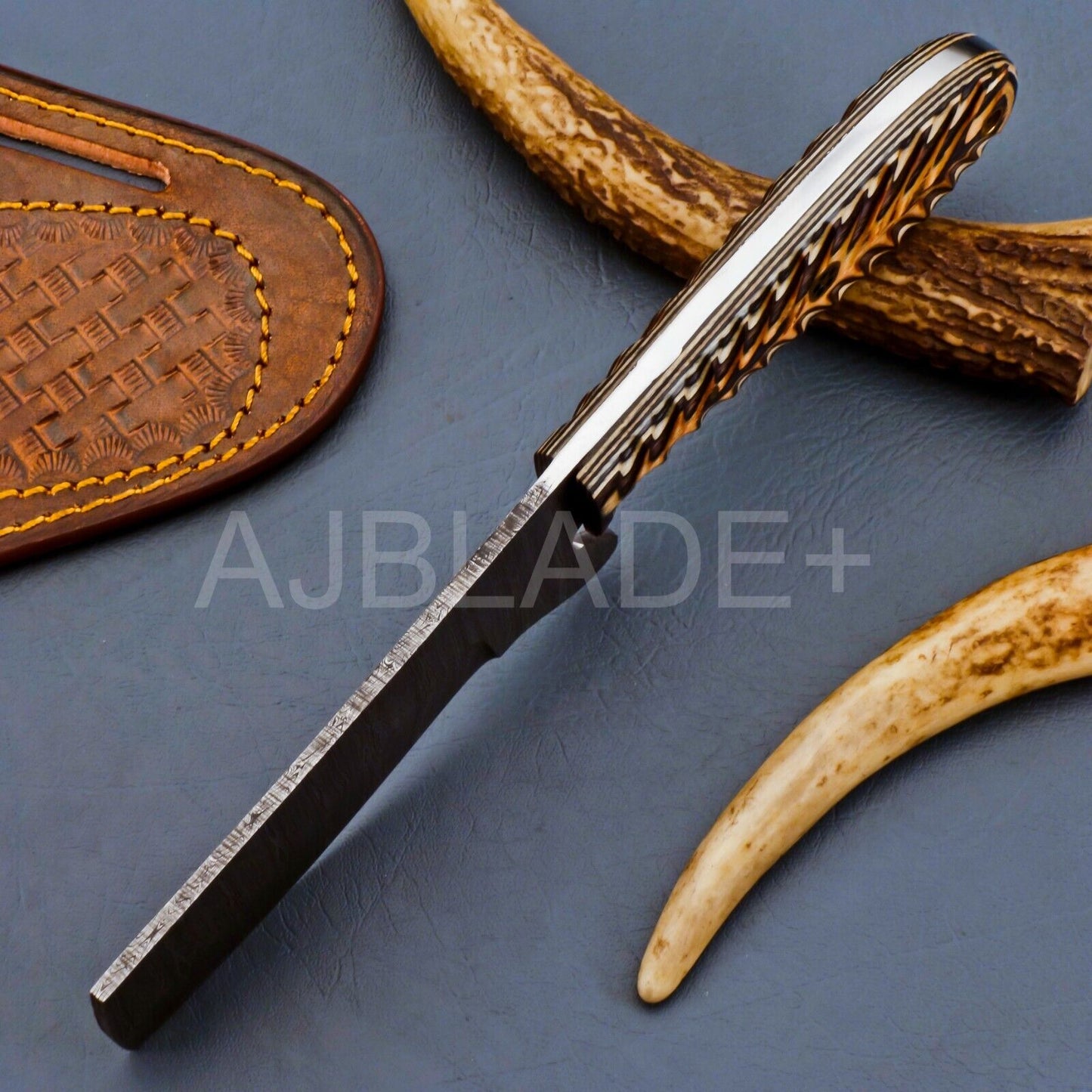 Damascus Cutter Knife with Bone Handle and Sheath