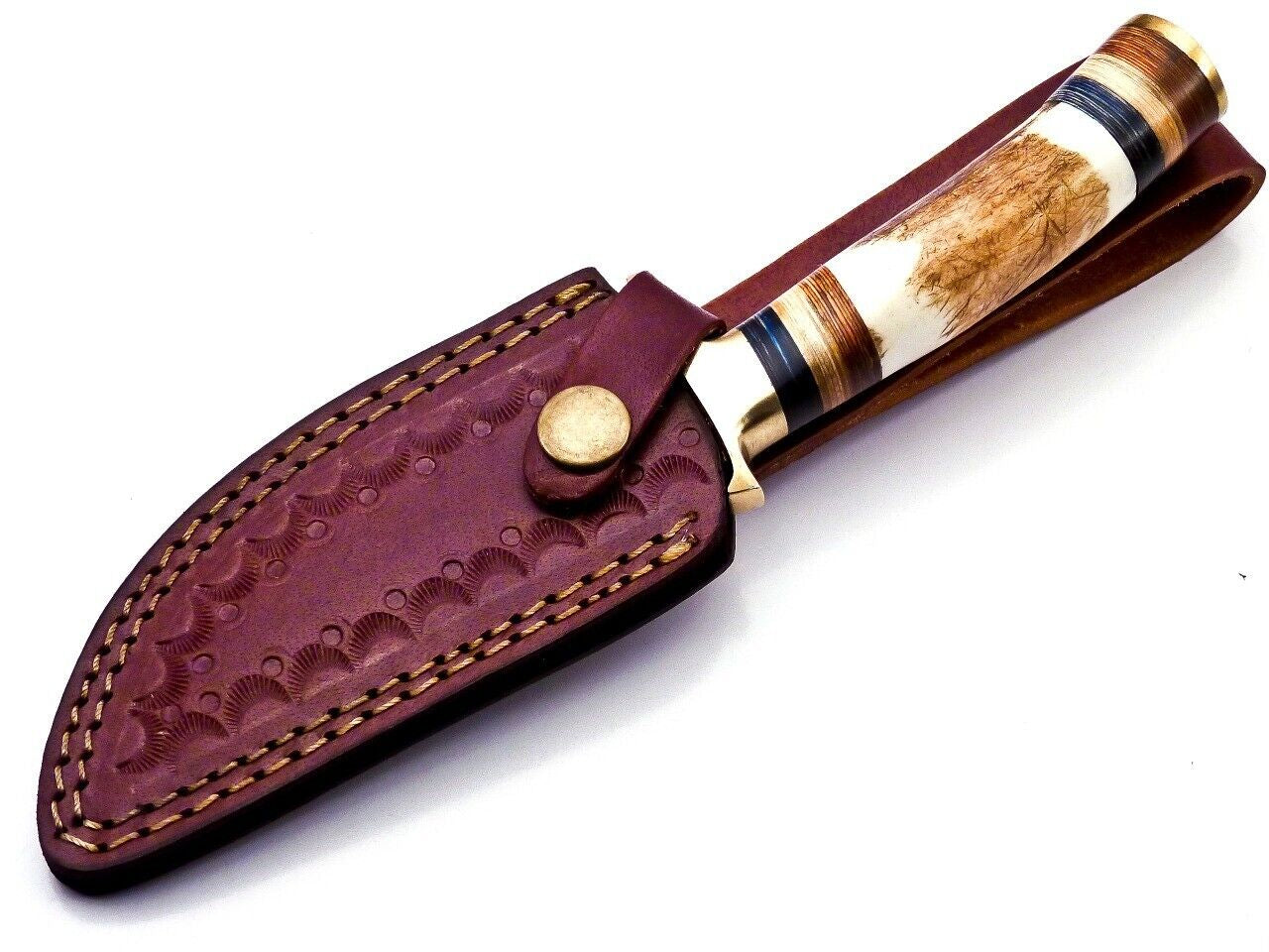 Damascus Steel Hunting Knife with Stag Handle and Brass Guard