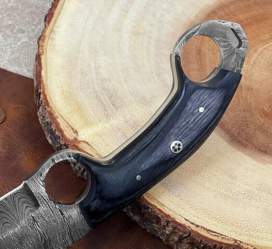 Engraved Damascus Fixed Blade Knife with Wood Handle