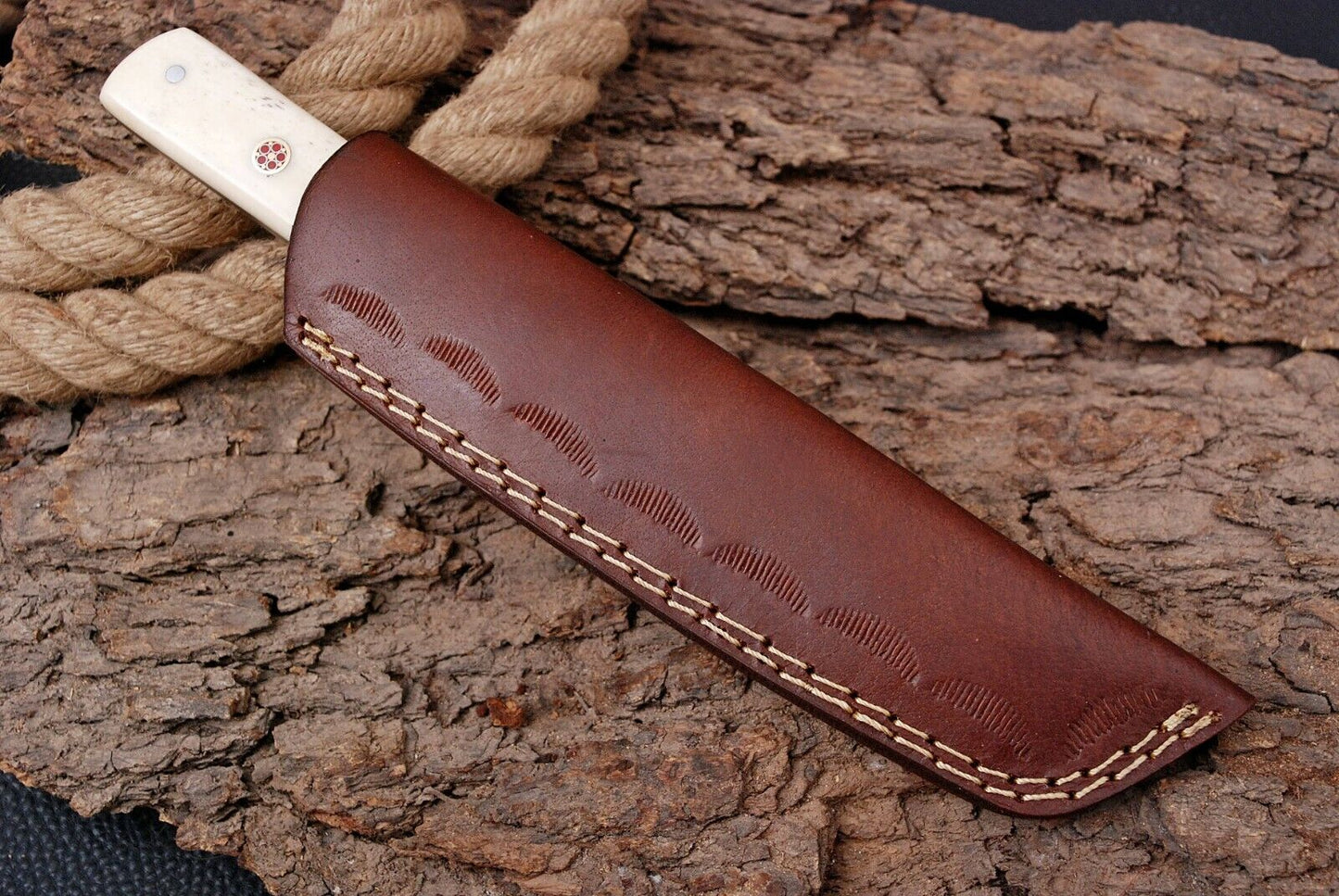 Damascus Knife with Bone Handle and Sheath