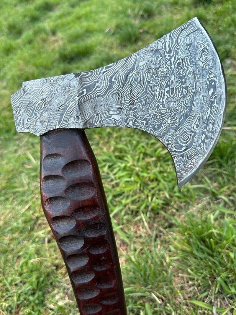 Engraved Damascus Steel Axe with Wood Handle for Camping