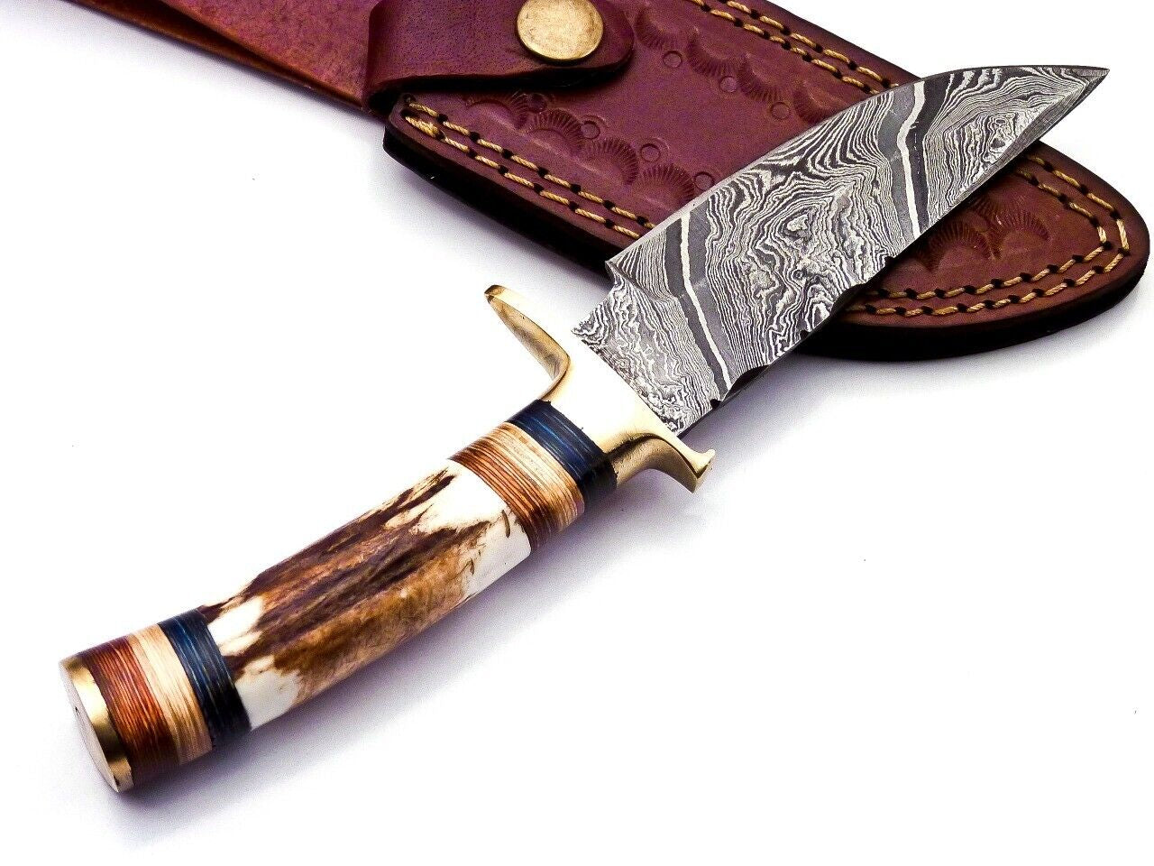 Damascus Steel Hunting Knife with Stag Handle and Brass Guard