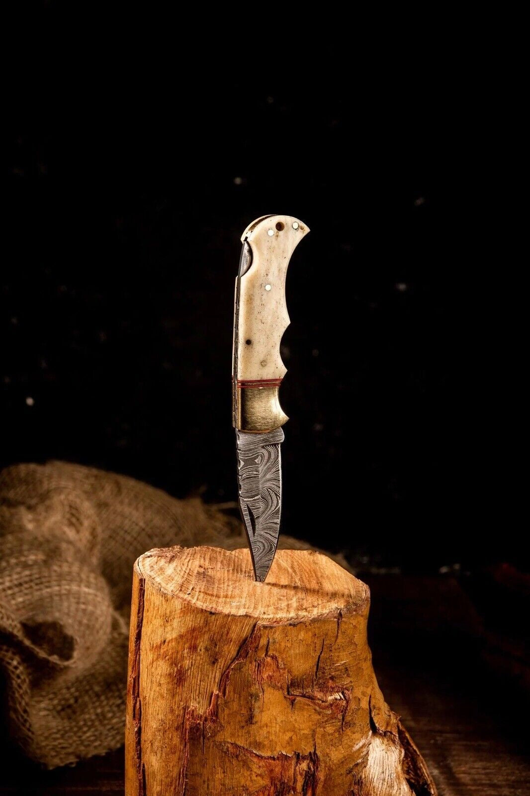 Handmade Damascus Folding Pocket Knife with Camel Bone