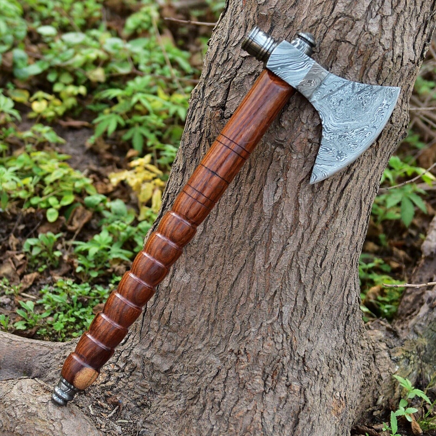 Damascus Steel Axe with Smoking Pipe and Viking Design