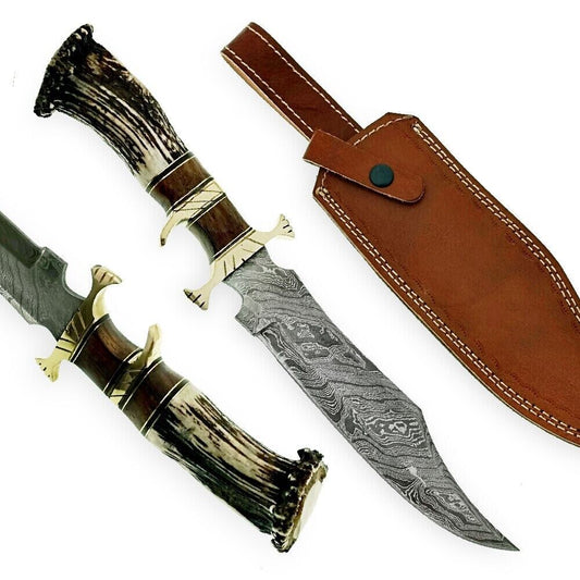 Damascus Bowie Knife with Stag Antler Handle