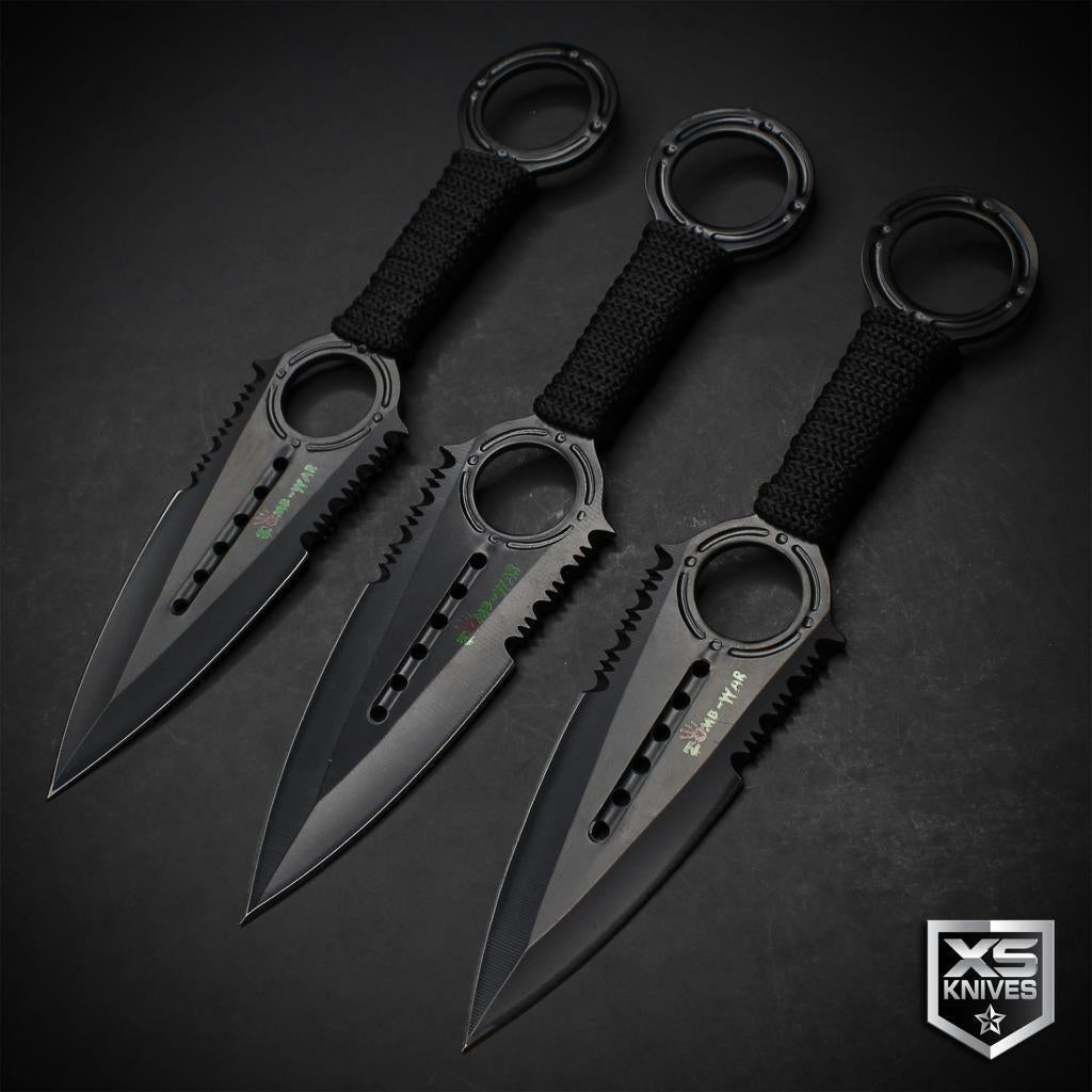 3Pc Tactical Black Throwing Knives Ninja Kunai Set Stainless + Sheath