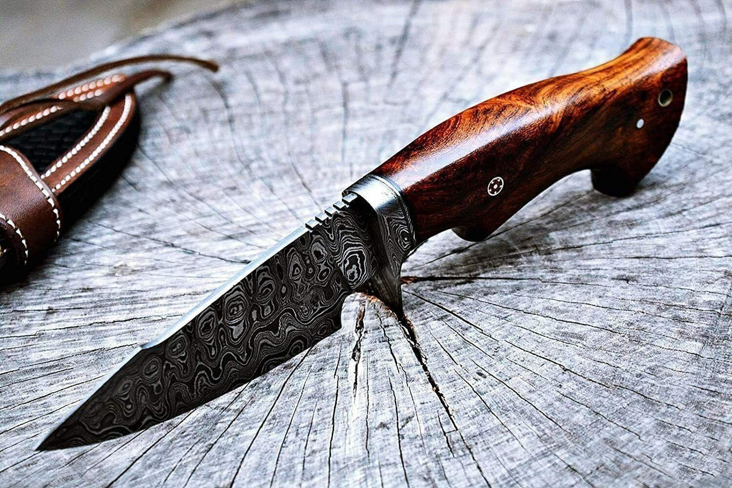 Custom Damascus Steel Bowie Knife with Rosewood Handle and Sheath