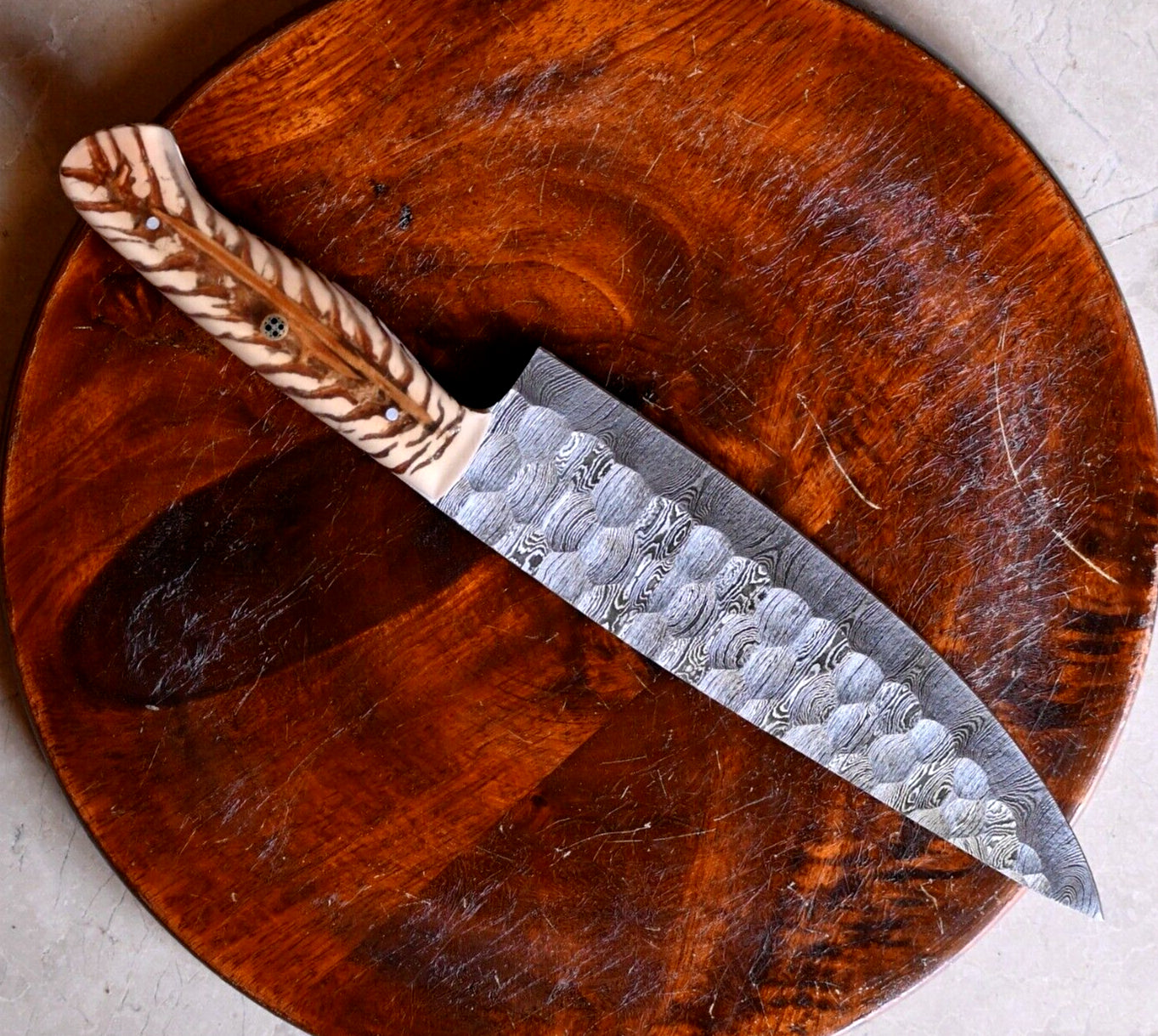 Custom Handmade Damascus Chef Knife with Pinecone Handle