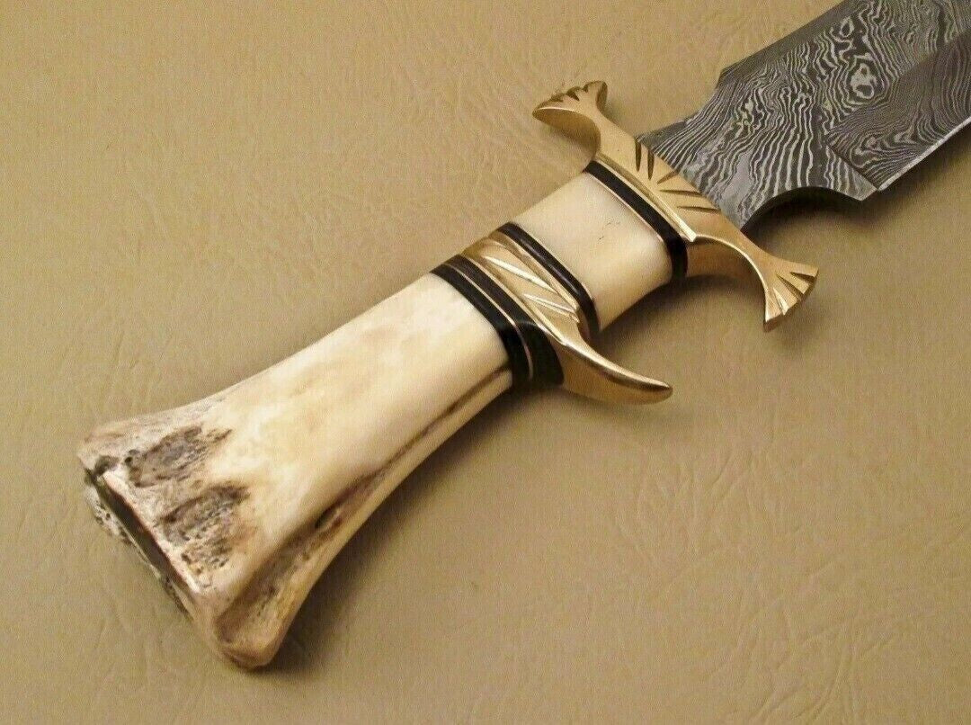 Custom Damascus Steel Bowie Knife with Camel Bone Handle