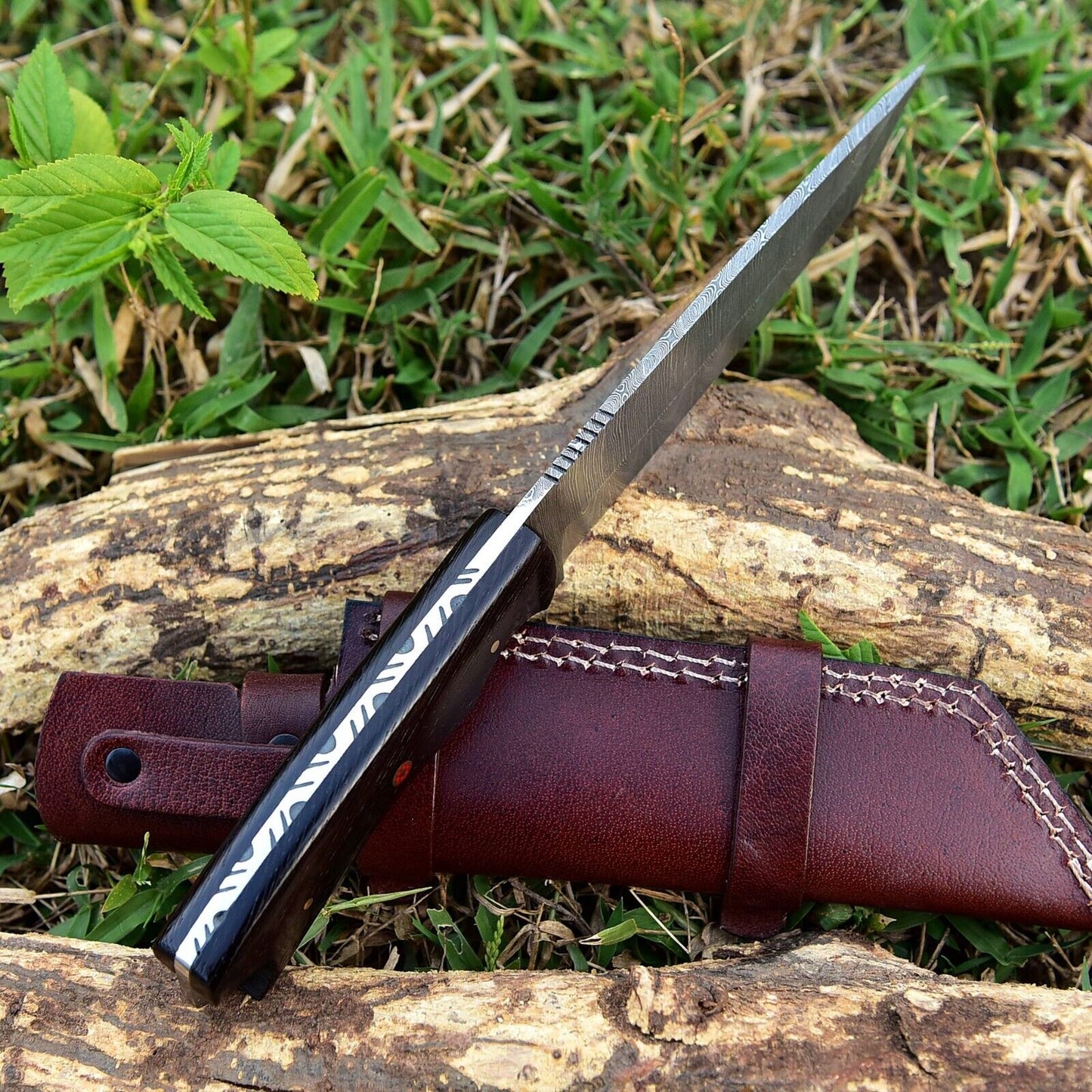 Custom Damascus Tanto Knife with Sheath for Hunting and Camping