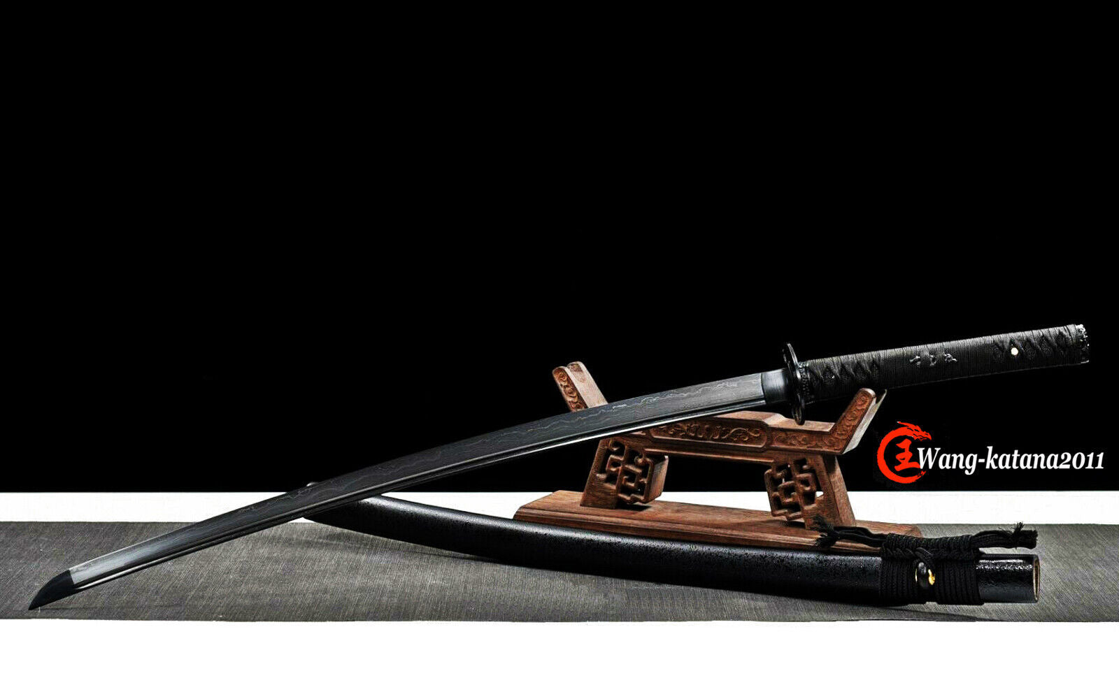 All Black Samurai Sword with Damascus Steel Real Katana