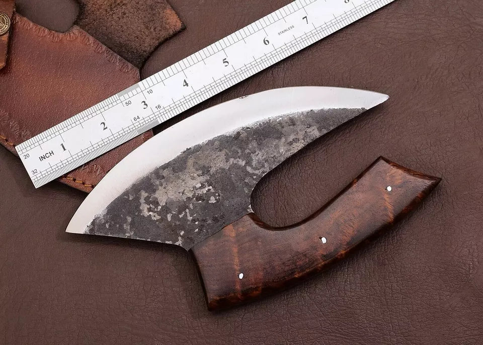 Custom Hand-Forged Carbon Steel Alaskan Ulu Knife with Sheath for Hunting