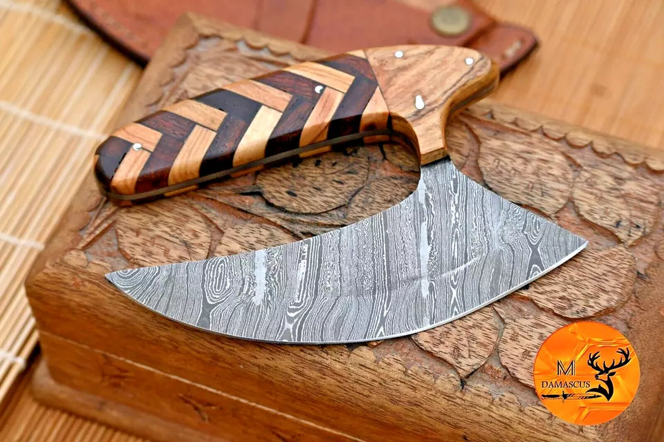 Handmade Damascus Steel Ulu Knife, Perfect Pizza Cutter & Chef Knife