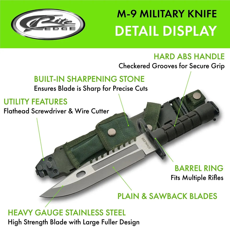 M9 Bayonet Knife Military Style Tactical Saw Back with Green Handle